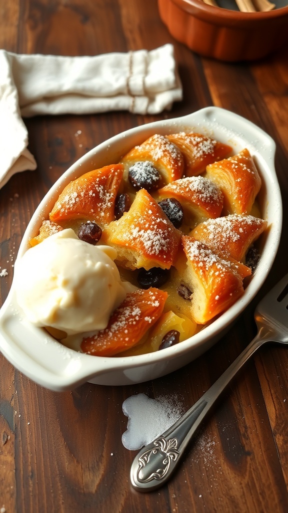 Warm croissant bread pudding topped with powdered sugar and a scoop of vanilla ice cream on a rustic table.